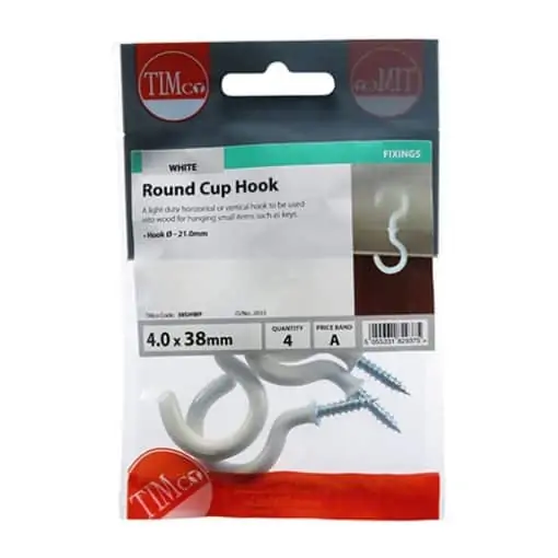 Timco Round Cup Hook White 38mm Pack of 4